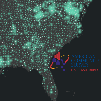 Map of southeastern United States. Green firefly symbols against black base map. American Community Survey logo on right side. Map of southeastern United States. Green firefly symbols against black base map. American Community Survey logo on right side.