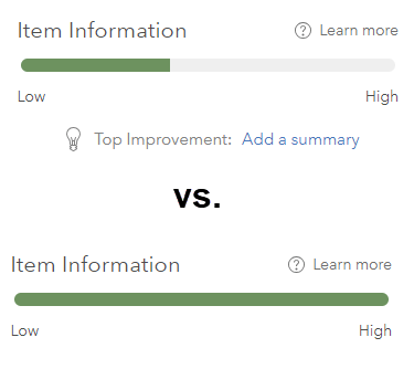 Comparing two scoring bars (found on Item Details page). On top, item information is low-to-medium. Below, item information is high. Comparing two scoring bars (found on Item Details page). On top, item information is low-to-medium. Below, item information is high.