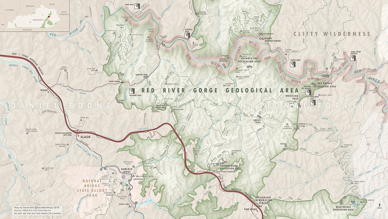 Overview recreation map of the Red River Gorge Geological Area, made with ArcGIS Maps for Adobe CC, Sarah Bell