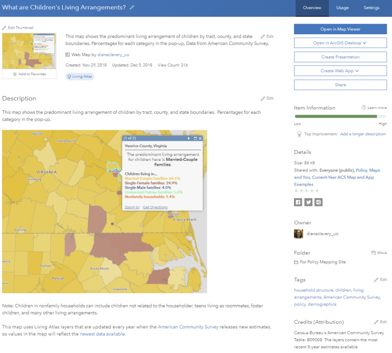 Item Details page (Overview tab) of web map “What are Children’s Living Arrangements?” with a picture of the map in the Description. Item Details page (Overview tab) of web map “What are Children’s Living Arrangements?” with a picture of the map in the Description.