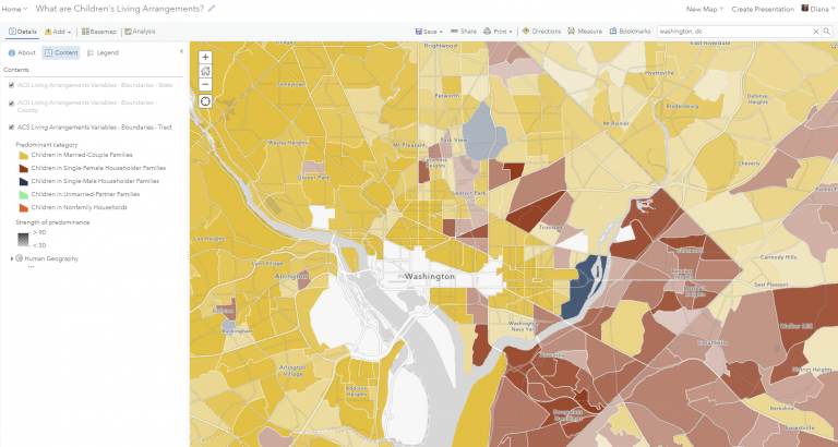 Screenshot of web map of Children’s Living Arrangements zoomed to Washington, DC. Goldenrod tracts indicate predominance of children in Married Couple Families.