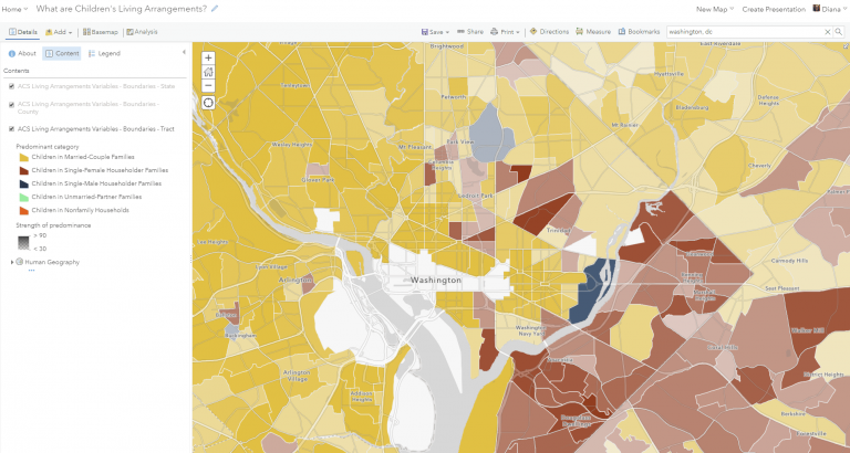 Screenshot of web map of Children’s Living Arrangements zoomed to Washington, DC. Goldenrod tracts indicate predominance of children in Married Couple Families. Screenshot of web map of Children’s Living Arrangements zoomed to Washington, DC. Goldenrod tracts indicate predominance of children in Married Couple Families.
