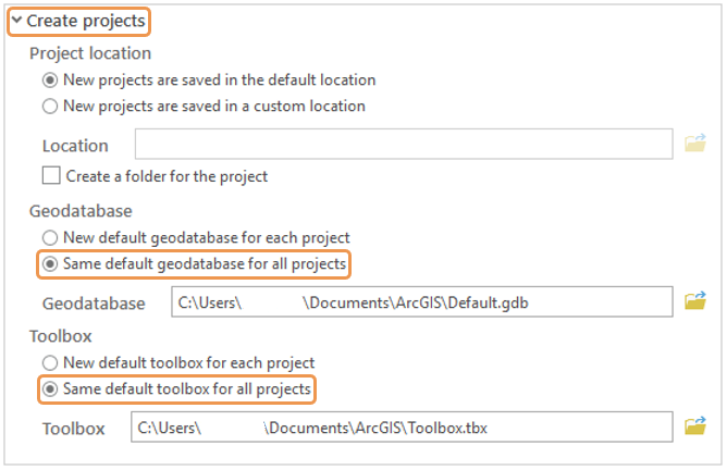 Options to set same geodatabase and toolbox for all projects