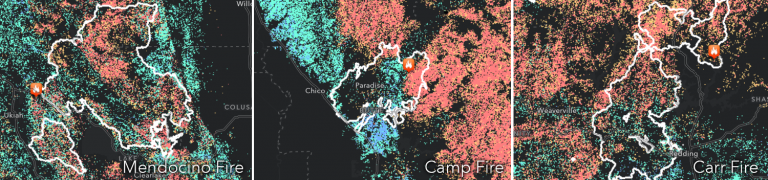 Fire perimeters from three California wildfires in 2018 Fire perimeters from three California wildfires in 2018