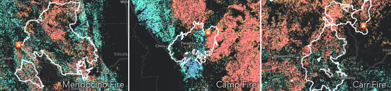 Fire perimeters from three California wildfires in 2018