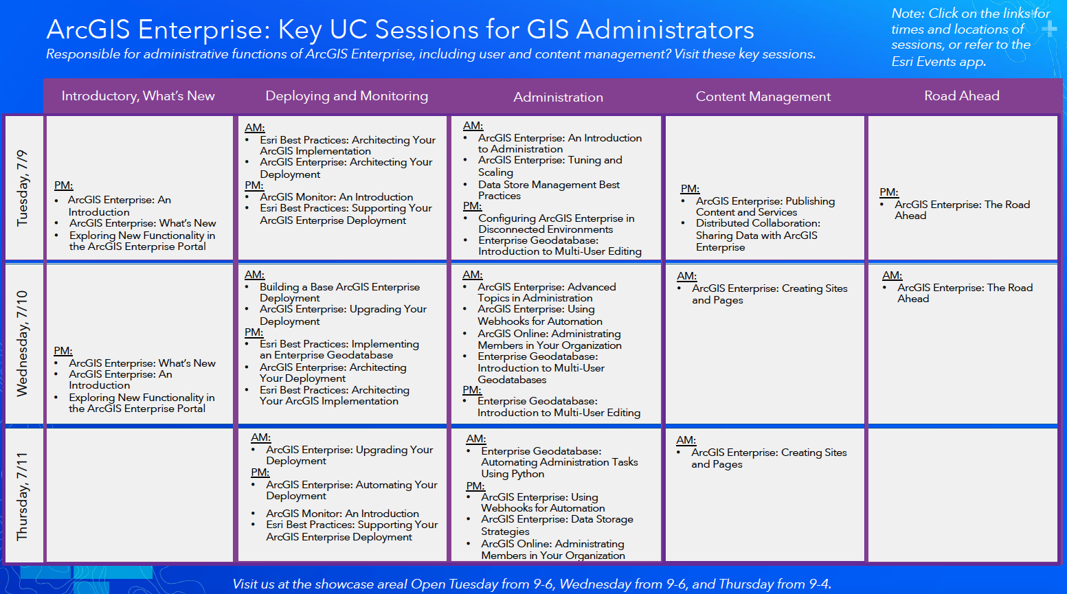 Come visit the ArcGIS Enterprise sessions at the Esri 2019 User Conference.