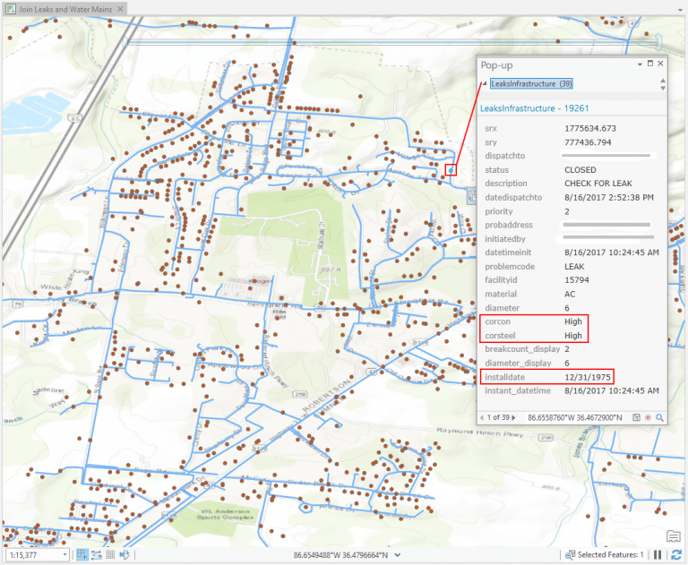 A map showing leak and water main proximity A map showing leak and water main proximity