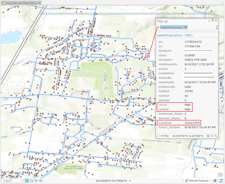 A map showing leak and water main proximity