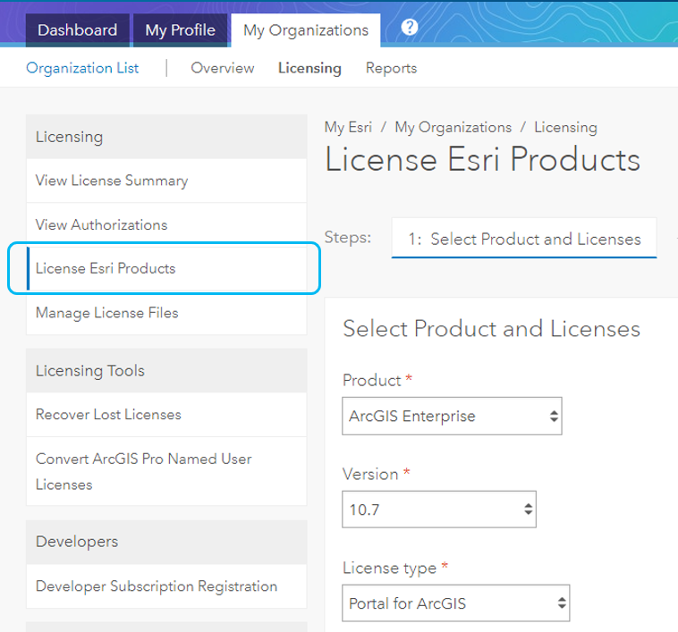 Screenshot of My Esri tab 'License Esri products'