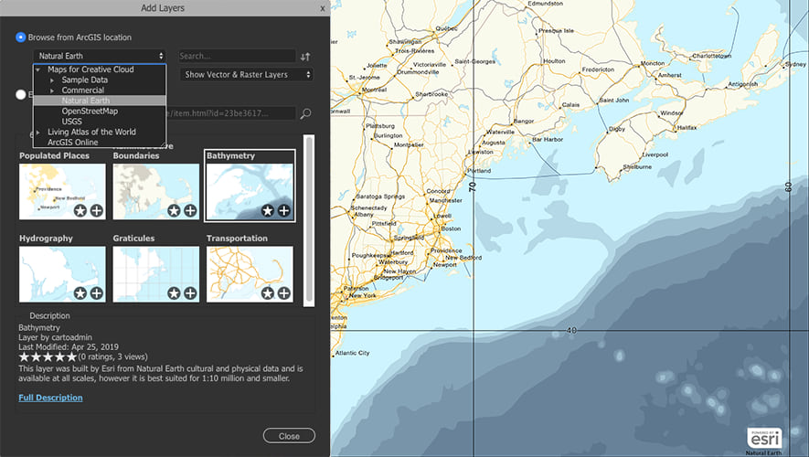 Adding layers in ArcGIS Maps for Adobe Creative Cloud.