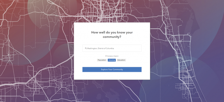 Dialogue panel for the “How well do you know your community?” map. Washington, DC has been entered into the search bar. Dialogue panel for the “How well do you know your community?” map. Washington, DC has been entered into the search bar.
