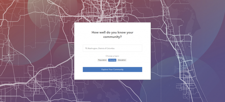 Dialogue panel for the “How well do you know your community?” map. Washington, DC has been entered into the search bar.