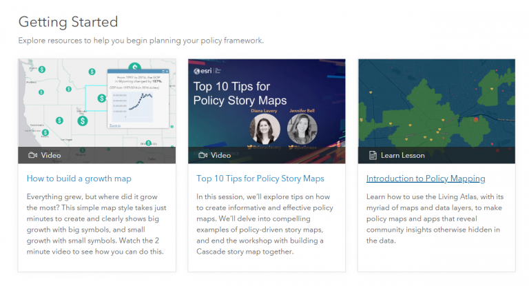 Getting Started page with resources “How to build a growth map,” “Top 10 Tips for Policy Story Maps,” and “Introduction to Policy Mapping.”