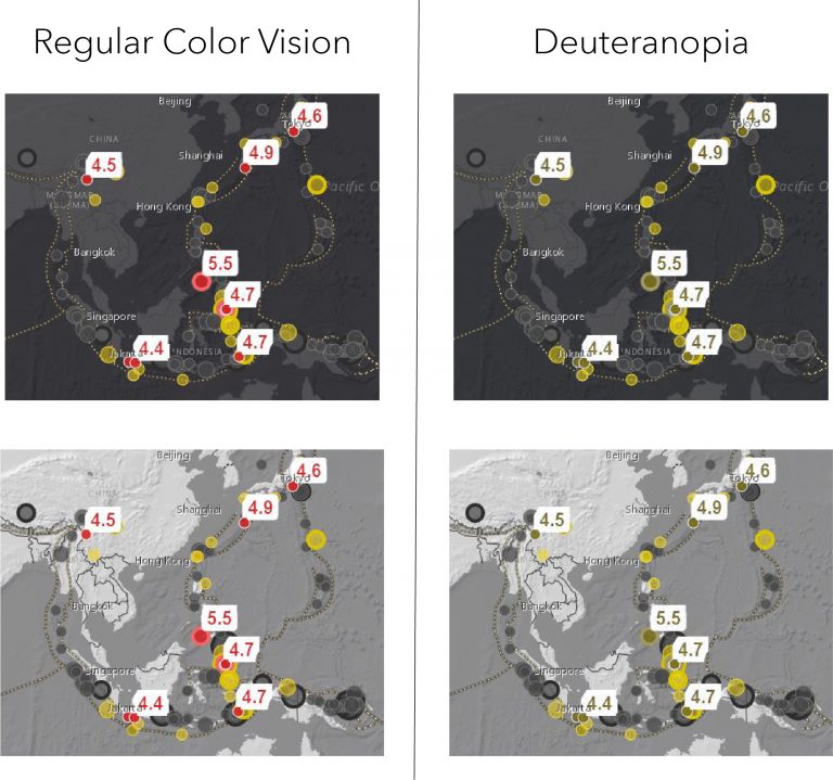 Chart showing the map with Regular Color Vision and Deuteranopia.