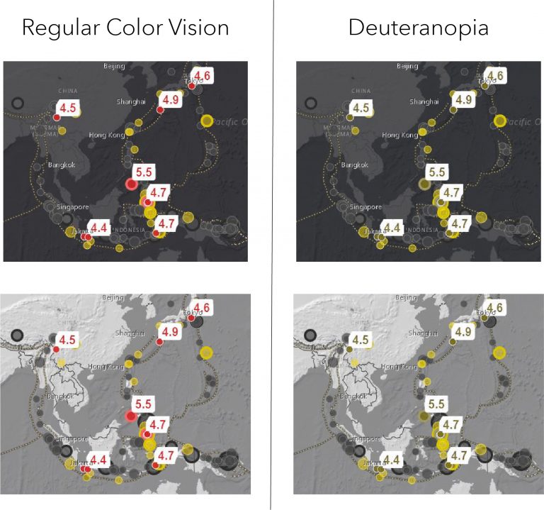 Chart showing the map with Regular Color Vision and Deuteranopia. Chart showing the map with Regular Color Vision and Deuteranopia.