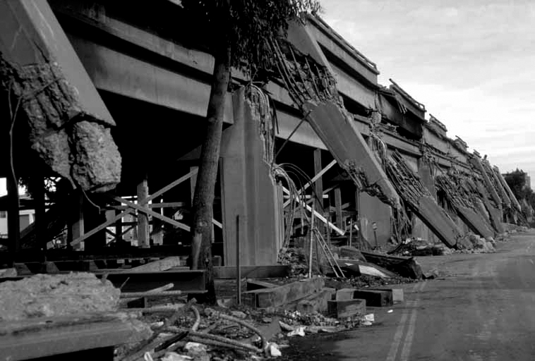 The Cypress Structure in Oakland, California after it collapsed during the 1989 Loma Prieta earthquake.