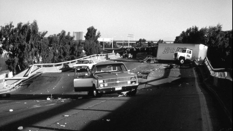 The top deck of the Nimitz Freeway in Oakland, California collapsed down onto the lower deck during the 1989 Loma Prieta earthquake.