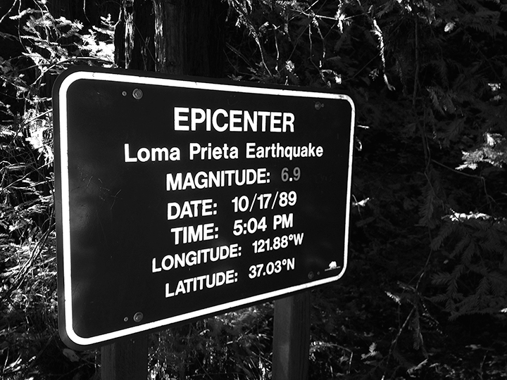 Picture of the sign at the epicenter of the Loma Prieta earthquake. A six-mile hike in Nisene Marks State Park will take you to the epicenter of the Loma Prieta earthquake.