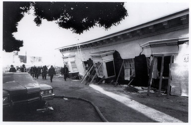 Damage to apartment building at Beach and Divisadero Streets in the San Francisco Marina District from the 1989 Loma Prieta Earthquake the week of October 17, 1989.