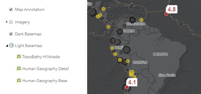 Map layers on a dark basemap. Map layers on a dark basemap.