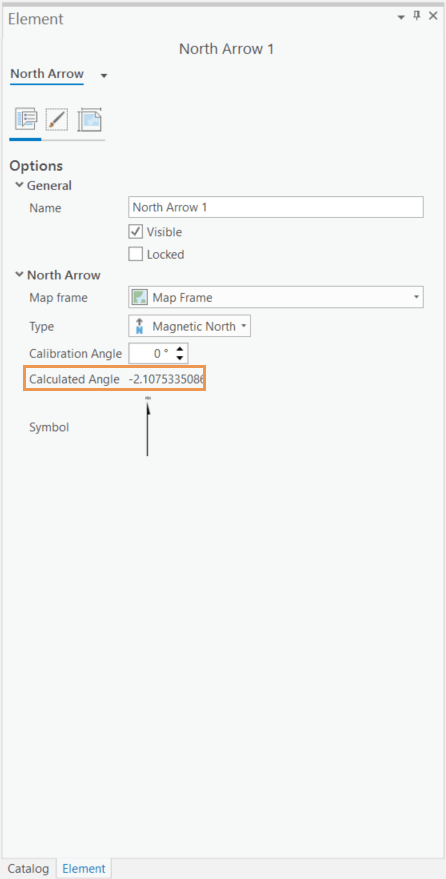 The north arrow element pane showing the calculated angle. Pro automatically calculates this angle for each north type.