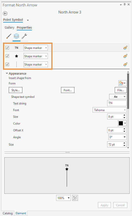 The layer properties for an SVG north arrow. Each layer can be edited individually.