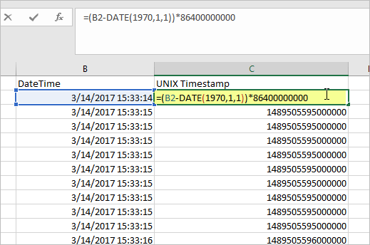 Use an Excel formula to convert timestamps to UNIX