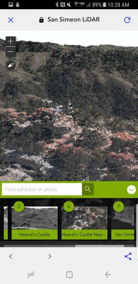 San Simeon lidar point cloud in I3S shown on a mobile phone. Data credit to Pacific Gas and Electric Company (PG&E)