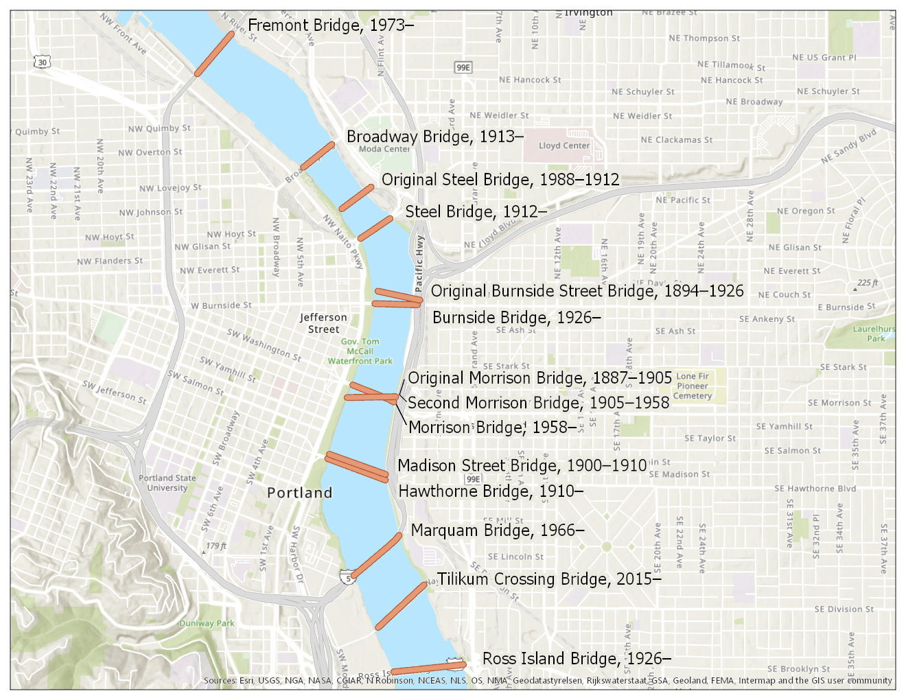 Topo Explorer app: Portland Bridges