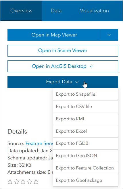 Export Data options