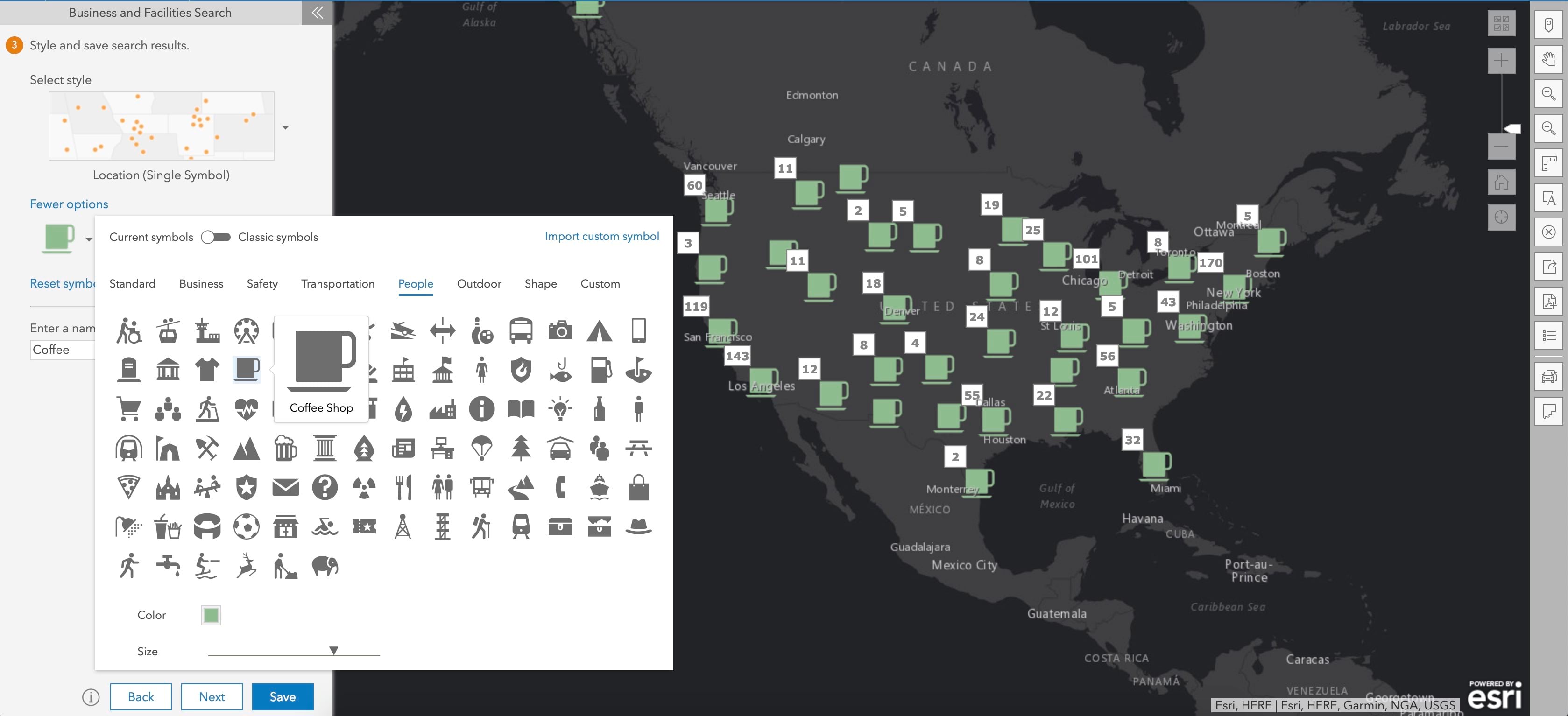 An example map using a black and gray basemap with green coffee cups used as the symbology for coffee shops across the U.S.