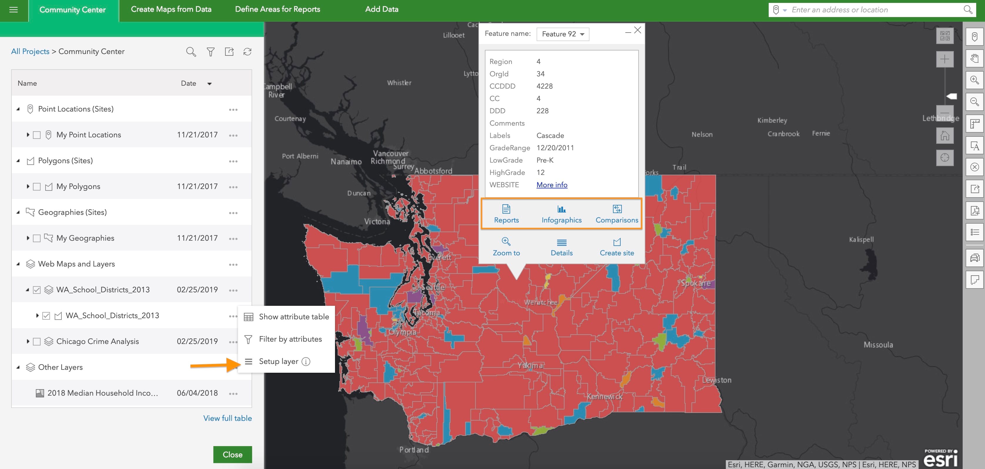 A black and gray basemap with a web layer from ArcGIS Online referenced in red and blue.