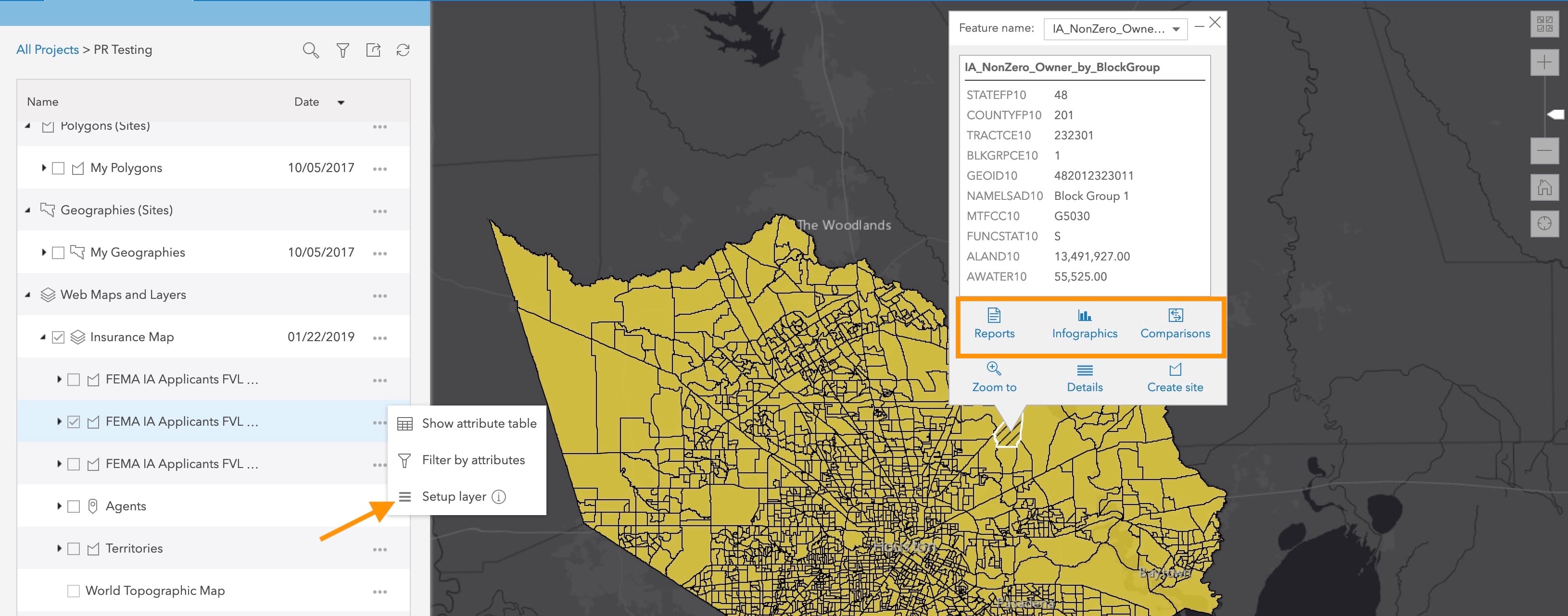 A black and gray basemap with a web layer from ArcGIS Online referenced in yellow.