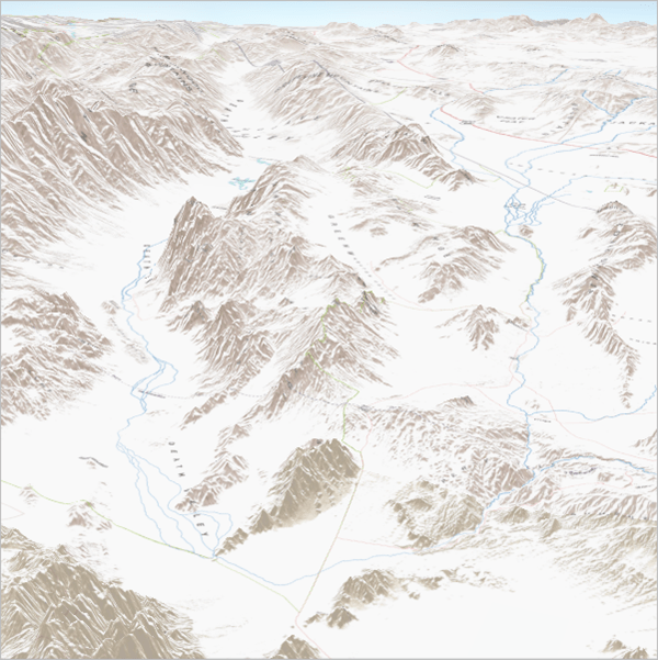 Perspective view map with the terrain exaggerated to make the mountains look taller