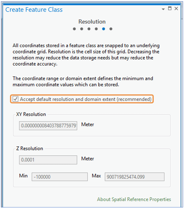 ArcGIS Pro Create Feature Class Wizard Resolution step