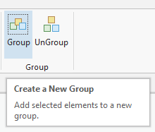 Location of Group button in the Group group. Other button is UnGroup. Location of Group button in the Group group. Other button is UnGroup.