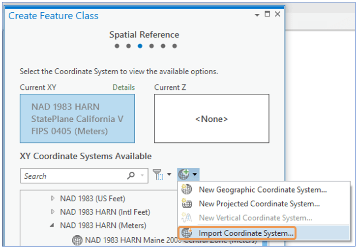 ArcGIS Pro Create Feature Class Wizard Import Coordinate System