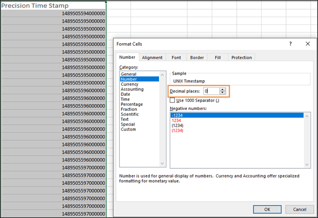 Format the UTC Precision Time stamps as numbers with no decimals