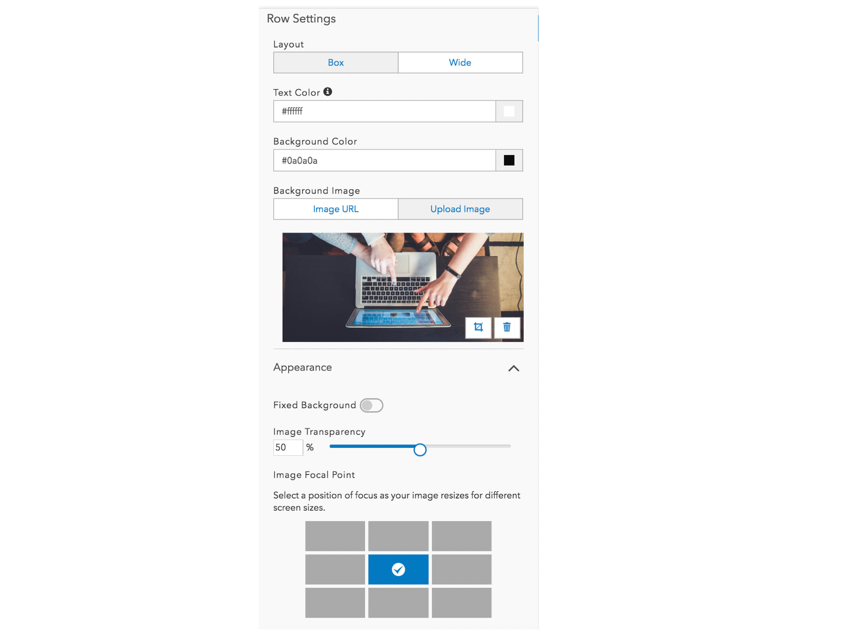Row card settings Row card settings