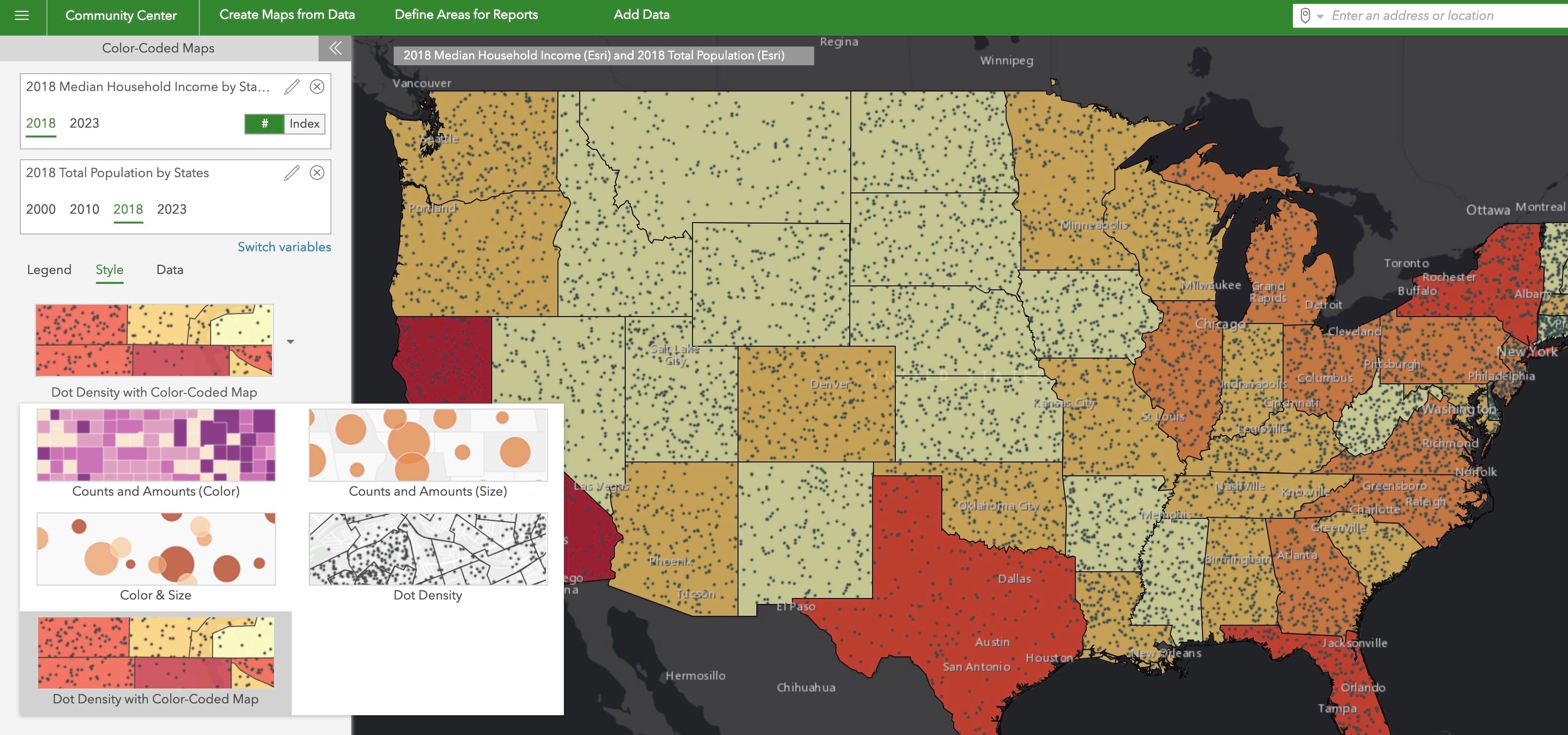 Color coded map of the U.S. with dot density overlaid.