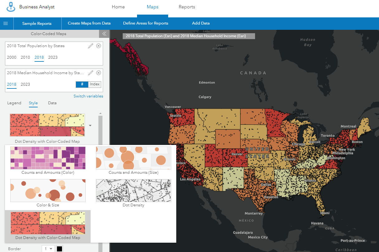 Color coded map of the U.S. with dot density overlaid.