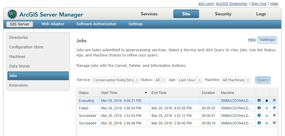 Geoprocessing jobs page in ArcGIS Server Manager