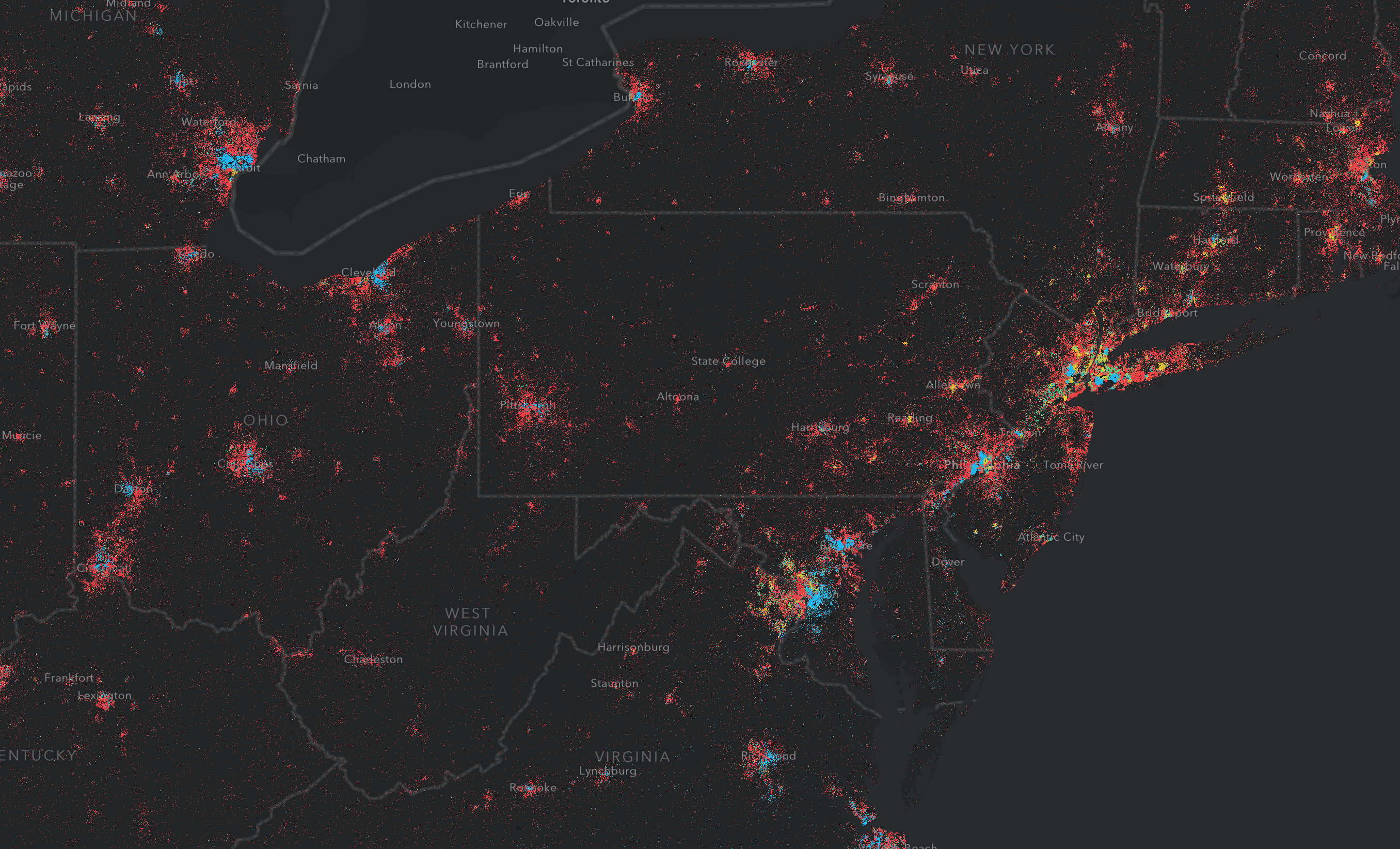 One dot represents 1600 people at a county scale.