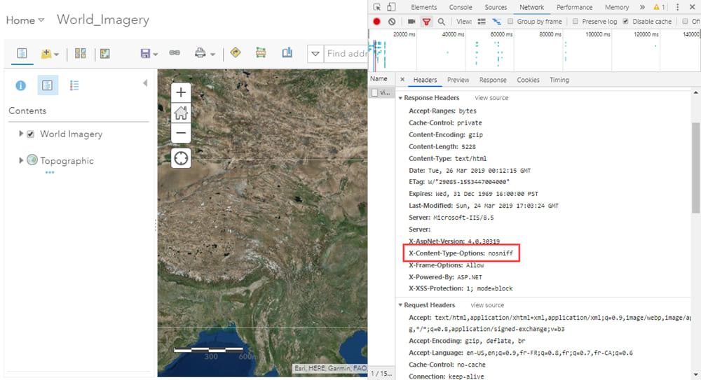 The no-sniff header is included by default with all responses from ArcGIS Enterprise at 10.7.