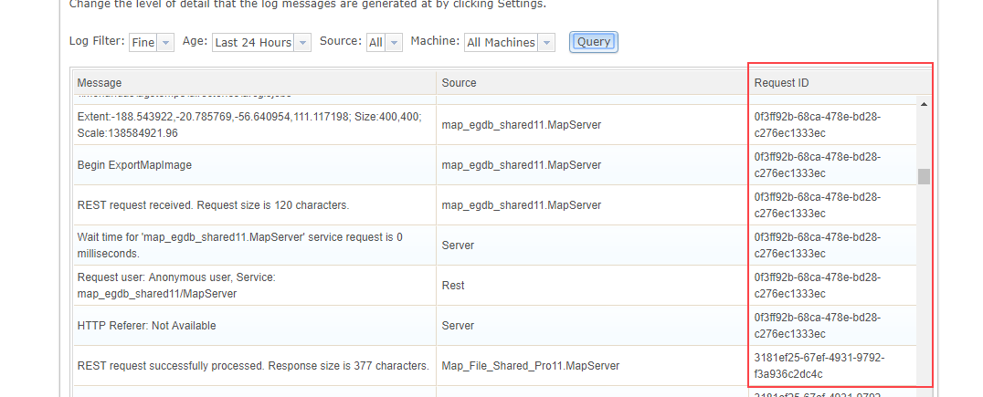 Query logs page with Request ID column