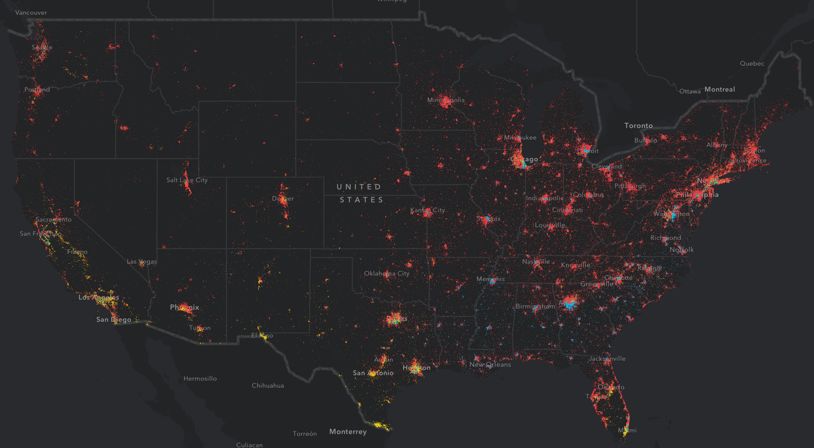 One dot represents 6400 people at a state scale.