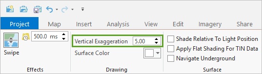 Vertical Exaggeration set to 5 on the ribbon