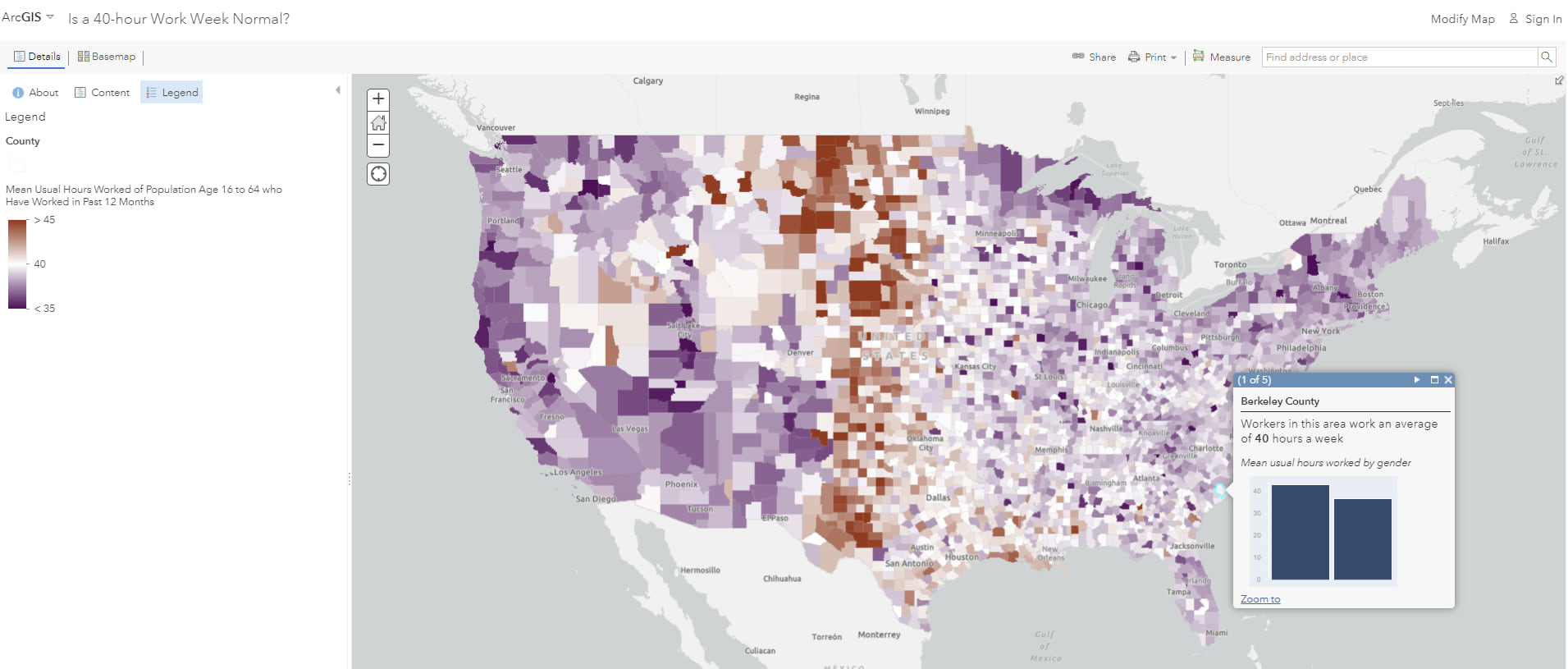 Map of continental US counties using above and below ramp. Midwest counties are more red, other counties are more purple, counties close to 40 hours are white.