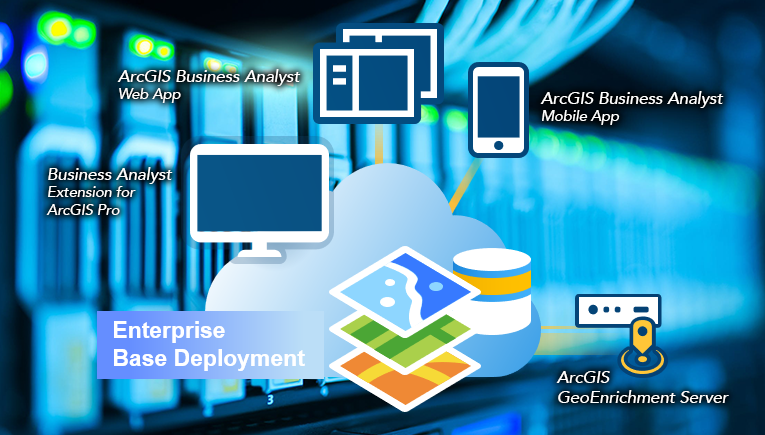 ArcGIS Business Analyst Enterprise basic deployment icon with server background. ArcGIS Business Analyst Enterprise basic deployment icon with server background.