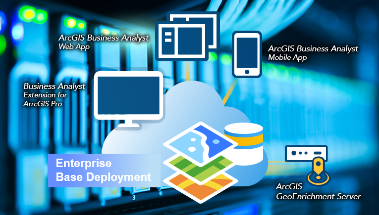 ArcGIS Business Analyst Enterprise basic deployment icon with server background.